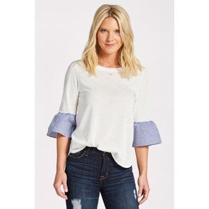 Anthropologie Sunday In Brooklyn Knit Tunic Woven  Sleeve Size M White Blue